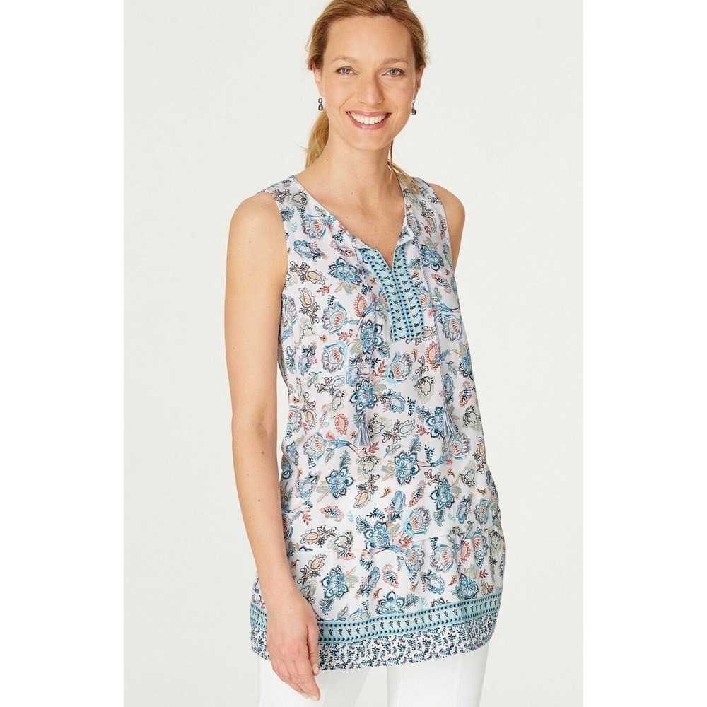 J. Jill Tiered Boho Tunic Top Women SP Paisley Tassel Casual Peasant Gypsy Tank
